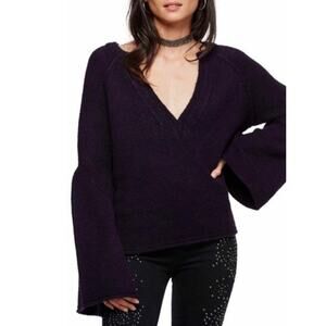 FREE PEOPLE Lovely Lines Bell Sleeve Textured Sweater Dark Purple Deep V Neck XS